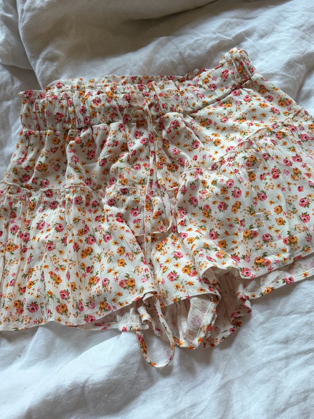 Altar'd State Cream Floral Ruffle Mini Skirt with Pink & Yellow Blooms